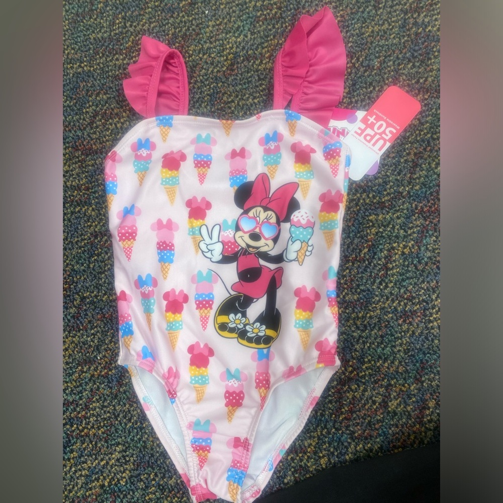 Minnie Mouse one piece bathing suit.